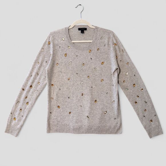 Saks Fifth Avenue Heather Gray Stone Embellished 100% Cashmere Sweater Size Lrg - Picture 1 of 7